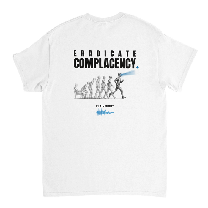 Back of the Eradicate Complacency tee