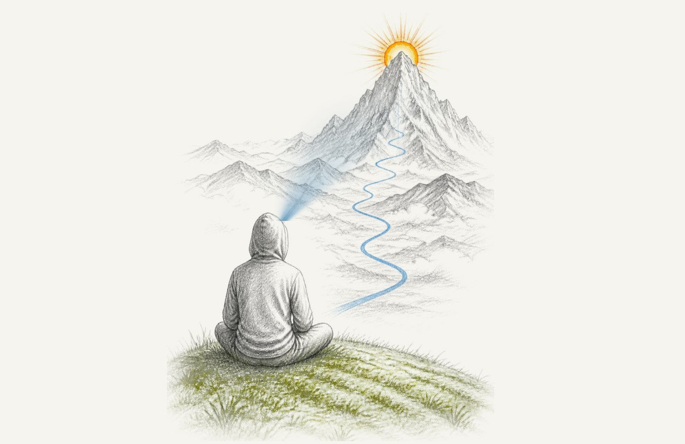 Pencil illustration of a hooded figure meditating on a grassy hill, looking toward a mountain with a blue river path and a rising sun